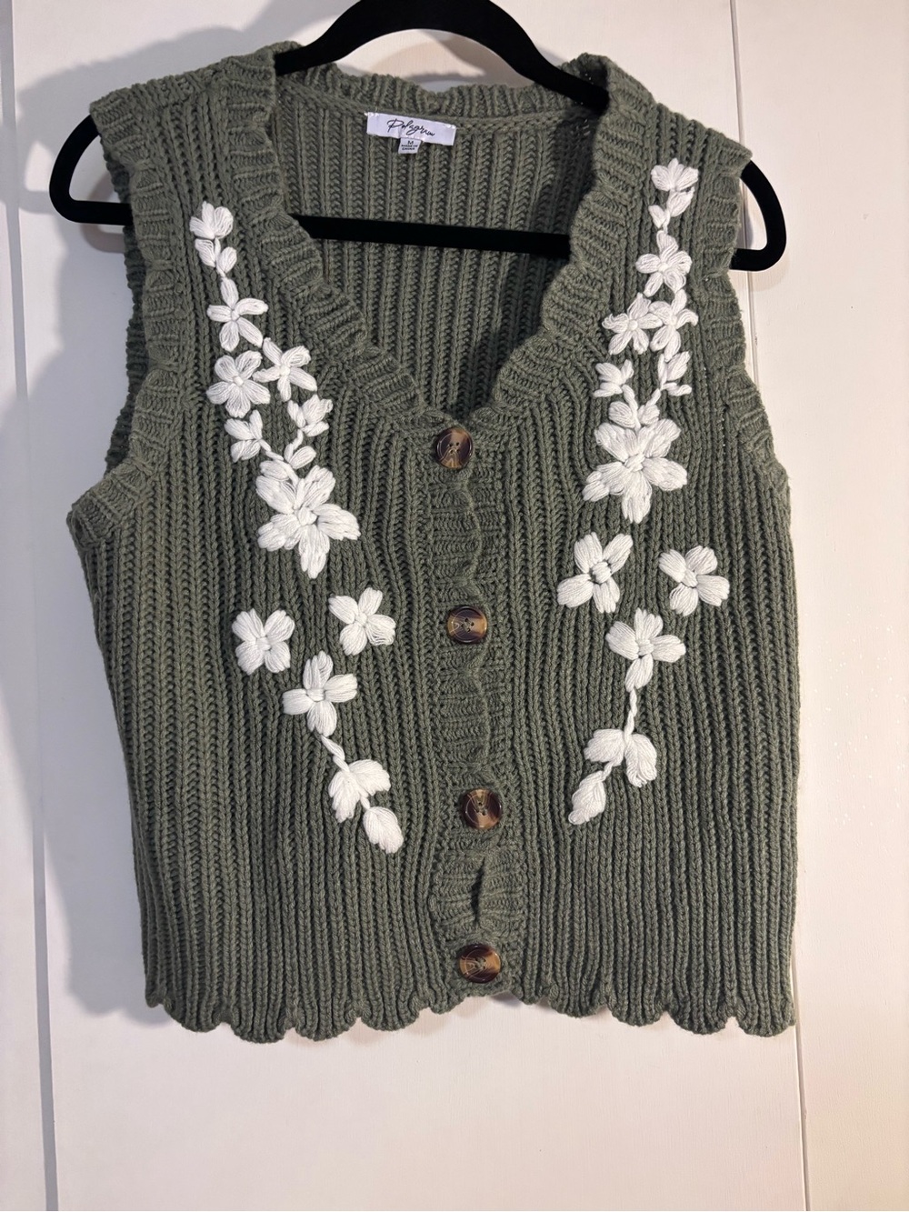 Polagram Sage Green Ribbed Knit Vest with Floral Applique